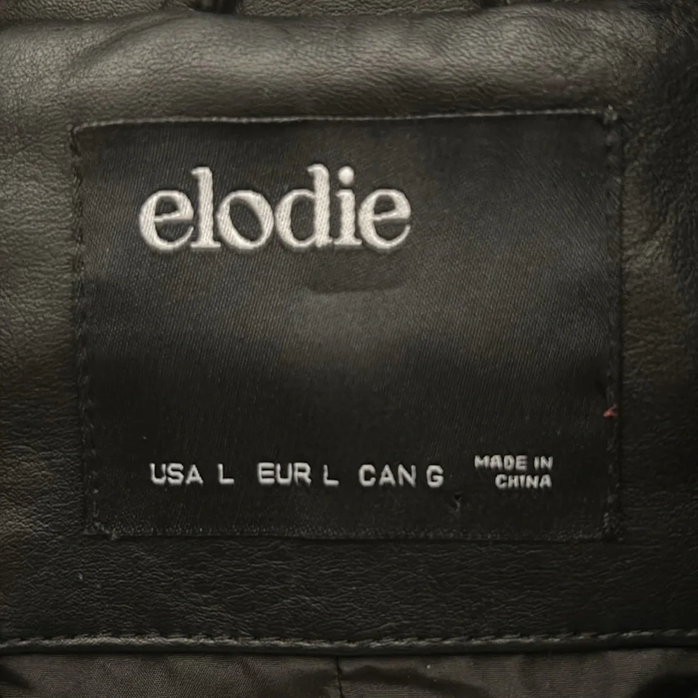 Eloide Faux leather Moto Jacket, black, silver zip, women’s size Large.